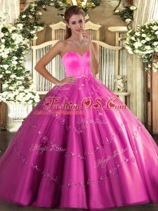 Exquisite Hot Pink Tulle Lace Up Sweetheart Sleeveless Floor Length Quince Ball Gowns Beading and Appliques