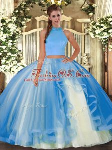 Halter Top Sleeveless Tulle Quinceanera Gowns Beading and Ruffles Backless
