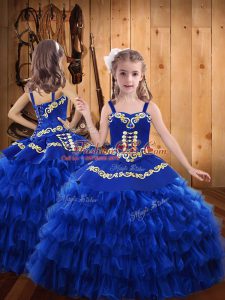 Glorious Royal Blue Lace Up Straps Embroidery and Ruffled Layers Little Girls Pageant Gowns Chiffon Sleeveless