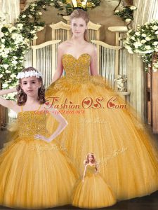 Suitable Gold Sweetheart Neckline Beading and Ruffles Vestidos de Quinceanera Sleeveless Lace Up