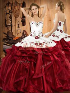 Wine Red Ball Gowns Embroidery and Ruffles 15 Quinceanera Dress Lace Up Organza Sleeveless Floor Length