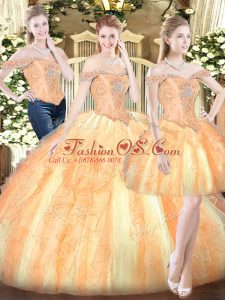 Floor Length Gold Ball Gown Prom Dress Off The Shoulder Sleeveless Lace Up