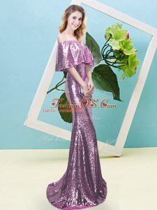 Ideal Sequined Off The Shoulder Half Sleeves Zipper Sequins Evening Dress in Lilac