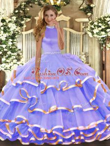 Extravagant Lavender 15 Quinceanera Dress Military Ball and Sweet 16 and Quinceanera with Beading and Ruffled Layers Halter Top Sleeveless Backless