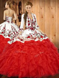 Red Ball Gowns Sweetheart Sleeveless Tulle Floor Length Lace Up Embroidery and Ruffles 15 Quinceanera Dress