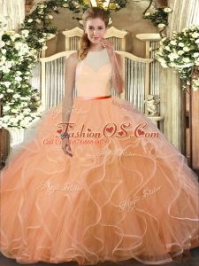 Wonderful Sleeveless Floor Length Ruffles Backless Sweet 16 Dresses with Peach