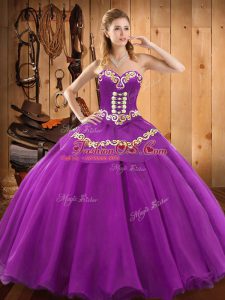 Purple Ball Gowns Satin and Tulle Sweetheart Sleeveless Embroidery Floor Length Lace Up Quinceanera Gown