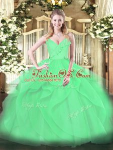 Green Quinceanera Gown Military Ball and Sweet 16 and Quinceanera with Ruffles and Ruching Spaghetti Straps Sleeveless Zipper