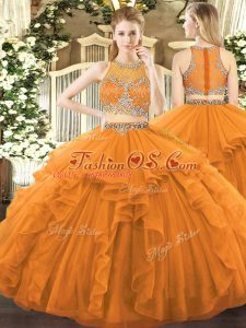 Floor Length Orange 15 Quinceanera Dress Tulle Sleeveless Beading and Ruffles