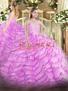 Cute Lilac Sweetheart Neckline Beading and Ruffled Layers Vestidos de Quinceanera Sleeveless Lace Up