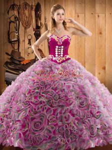 Shining Sweetheart Sleeveless Sweet 16 Dresses With Train Sweep Train Embroidery Multi-color Satin and Fabric With Rolling Flowers