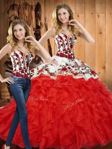 Enchanting Ball Gowns 15th Birthday Dress Red Sweetheart Tulle Sleeveless Floor Length Lace Up