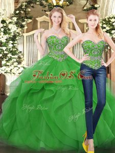 Wonderful Green Lace Up Sweetheart Beading and Ruffles Sweet 16 Dresses Tulle Sleeveless