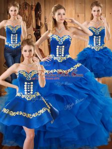Ball Gowns Quinceanera Dress Blue Sweetheart Satin and Organza Sleeveless Floor Length Lace Up