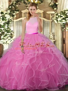 Rose Pink Ball Gowns Tulle Scoop Sleeveless Beading and Ruffles Floor Length Backless Quinceanera Dresses