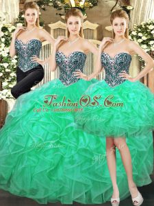 Excellent Turquoise Sleeveless Beading and Ruffles Floor Length 15 Quinceanera Dress