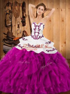 Delicate Fuchsia Sleeveless Floor Length Embroidery and Ruffles Lace Up 15th Birthday Dress