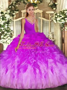 Unique Multi-color Ball Gowns Tulle V-neck Sleeveless Beading and Ruffles Floor Length Backless Quinceanera Dress