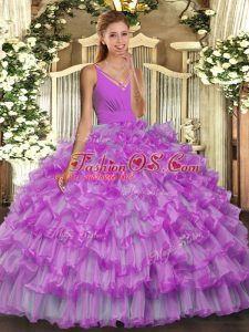 Lilac Organza Backless V-neck Sleeveless Floor Length Sweet 16 Dress Ruffled Layers