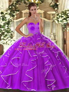 Smart Beading and Ruffles Ball Gown Prom Dress Eggplant Purple Lace Up Sleeveless Floor Length