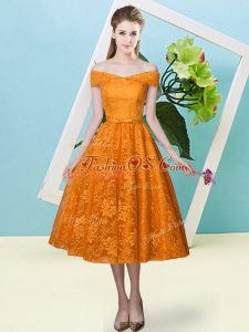 Empire Bridesmaids Dress Orange Red Off The Shoulder Lace Cap Sleeves Tea Length Lace Up