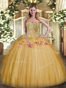 Organza Sweetheart Sleeveless Lace Up Beading and Ruffles Quinceanera Gowns in Gold
