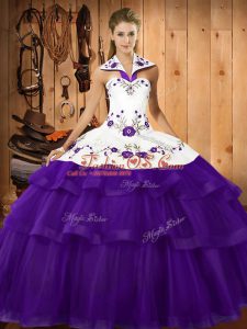 Purple Ball Gowns Embroidery and Ruffled Layers 15 Quinceanera Dress Lace Up Organza Sleeveless