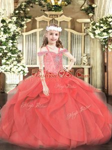 Floor Length Lace Up Pageant Dress Coral Red for Party and Quinceanera with Beading and Ruffles