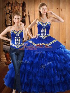 Tulle Sweetheart Sleeveless Lace Up Embroidery and Ruffled Layers Vestidos de Quinceanera in Blue