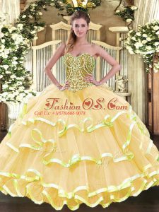 Clearance Gold Organza Lace Up Quinceanera Gowns Sleeveless Floor Length Beading and Ruffled Layers