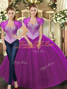 Fuchsia Ball Gowns Straps Sleeveless Tulle Floor Length Lace Up Beading Ball Gown Prom Dress