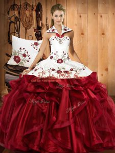 Halter Top Sleeveless 15th Birthday Dress Floor Length Embroidery and Ruffles Wine Red Organza