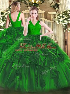 Low Price Floor Length Dark Green 15th Birthday Dress Organza Sleeveless Ruffles