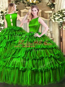 Green Ball Gowns Organza Scoop Sleeveless Ruffled Layers Floor Length Clasp Handle 15 Quinceanera Dress