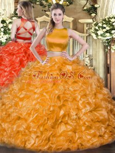Elegant Orange Red Tulle Criss Cross High-neck Sleeveless Floor Length Sweet 16 Quinceanera Dress Ruffles