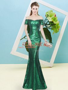 Delicate Floor Length Dark Green Prom Gown Sequined Short Sleeves Sequins