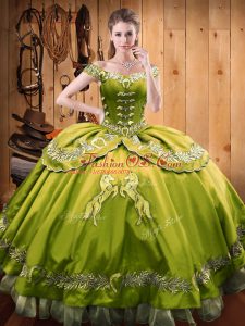 Spectacular Olive Green Off The Shoulder Neckline Beading and Embroidery Quinceanera Gown Sleeveless Lace Up