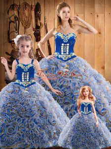 Admirable Multi-color Lace Up Sweetheart Embroidery Ball Gown Prom Dress Fabric With Rolling Flowers Sleeveless Sweep Train