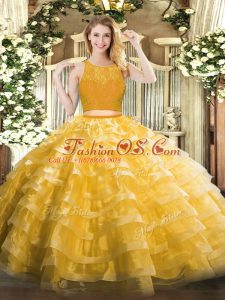 Gold Ball Gowns Scoop Sleeveless Organza Floor Length Zipper Lace and Ruffled Layers 15th Birthday Dress