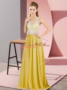 Fine Gold Criss Cross Prom Dresses Beading and Lace Sleeveless Floor Length