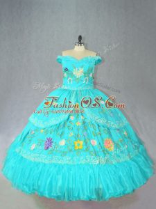 Extravagant Aqua Blue Sleeveless Floor Length Embroidery Lace Up Quinceanera Dresses