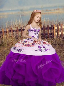 Admirable Embroidery and Ruffles Child Pageant Dress Purple Lace Up Sleeveless Floor Length