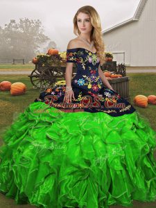 Suitable Organza Off The Shoulder Sleeveless Lace Up Embroidery and Ruffles Sweet 16 Dresses in Green