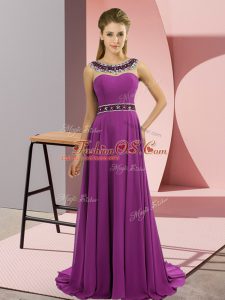 Sophisticated Purple Empire Scoop Sleeveless Chiffon Brush Train Zipper Beading Prom Dresses