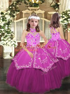Sleeveless Floor Length Embroidery Lace Up Pageant Dress for Teens with Lilac