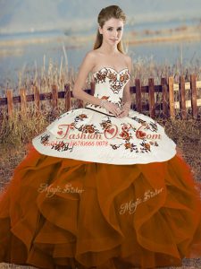 Shining Rust Red Sleeveless Embroidery and Ruffles and Bowknot Floor Length Quinceanera Dresses