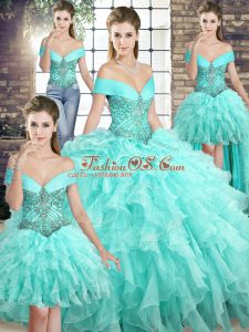 Sleeveless Beading and Ruffles Lace Up Quinceanera Dresses with Aqua Blue Brush Train