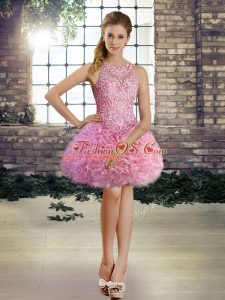 Fabulous Mini Length Rose Pink Prom Party Dress Fabric With Rolling Flowers Sleeveless Beading