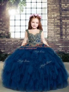 Navy Blue Ball Gowns Straps Sleeveless Floor Length Lace Up Beading and Ruffles Pageant Gowns For Girls