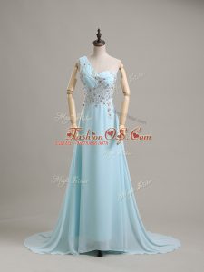 Traditional Baby Blue One Shoulder Neckline Beading Mother Of The Bride Dress Sleeveless Side Zipper